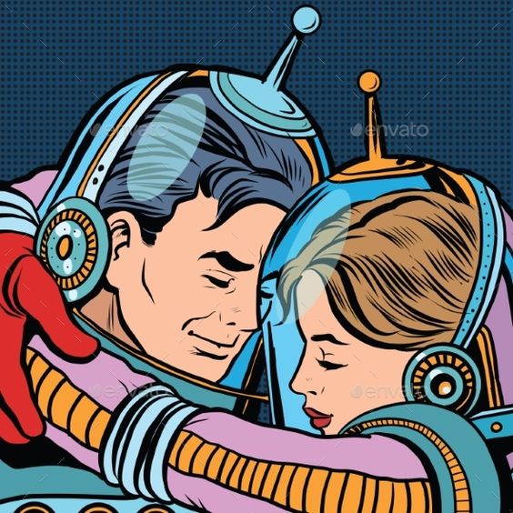 An astronaut couple hugging in retro Pop Art style.