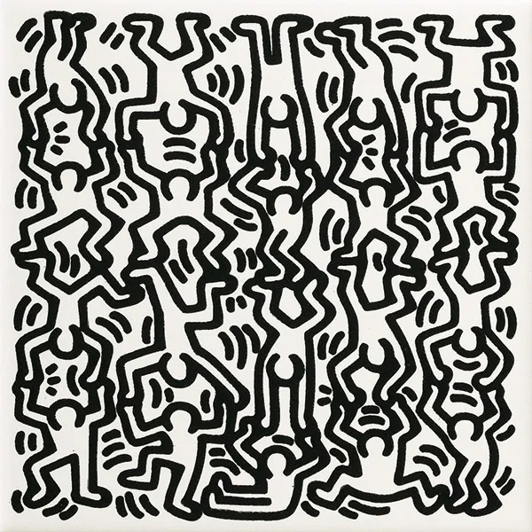 Mural depicting figures moving around in black and white by Keith Haring.